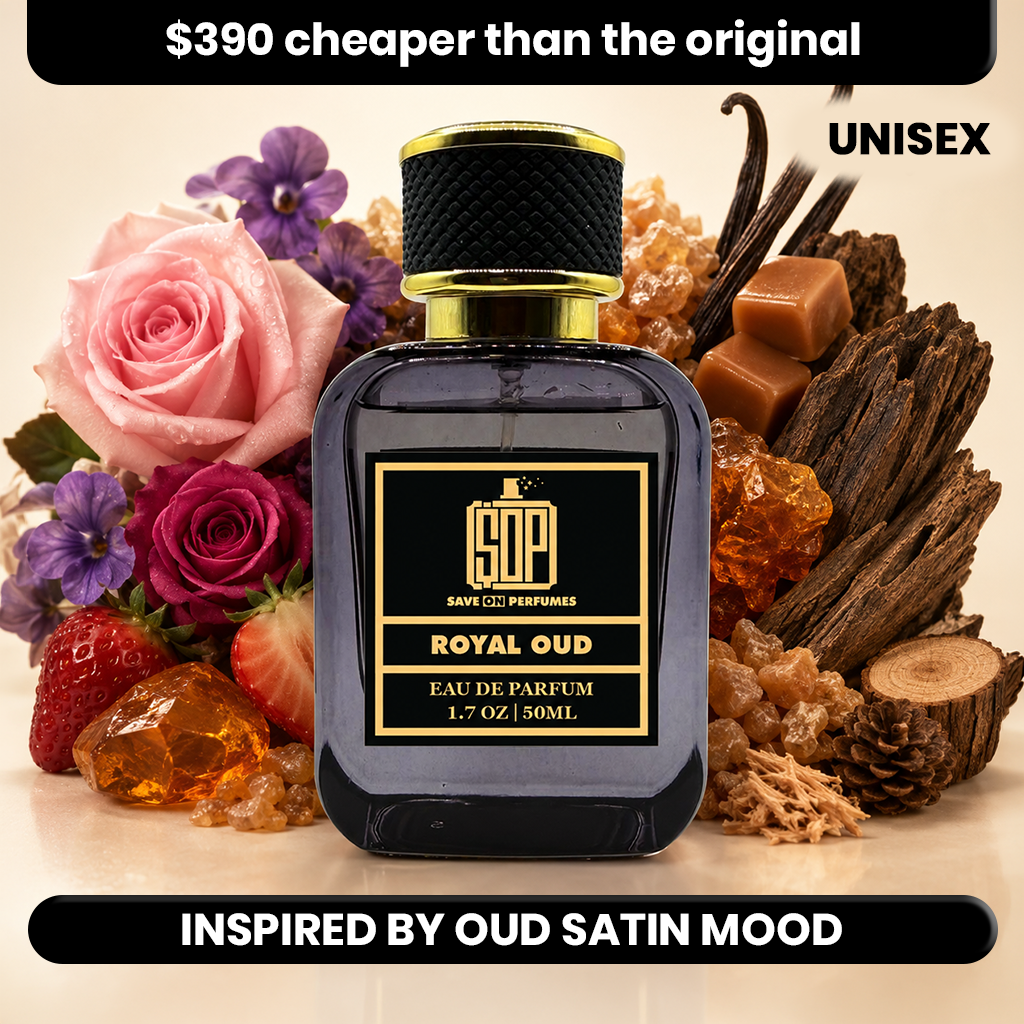 Royal Oud by Save on Perfumes, surrounded by decorative flowers, strawberries, vanilla pods, and amber crystals on a light beige background.  '$390 cheaper than the original' and 'INSPIRED BY OUD SATIN MOOD'.
