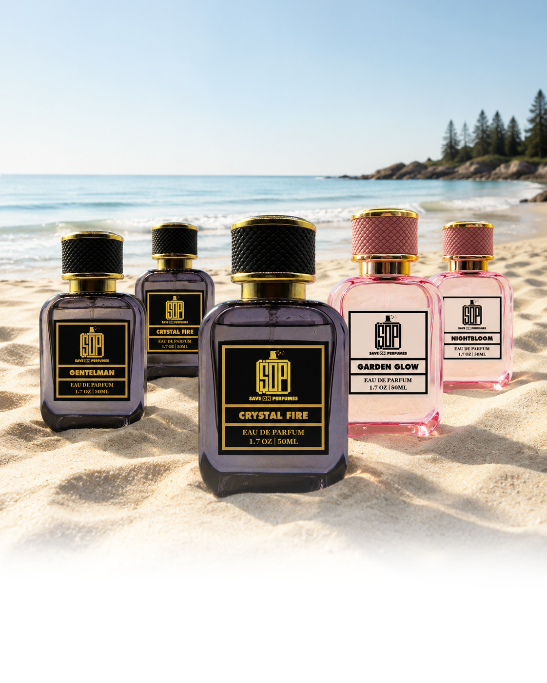 Save On Perfumes bottles on a bright Canadian beach