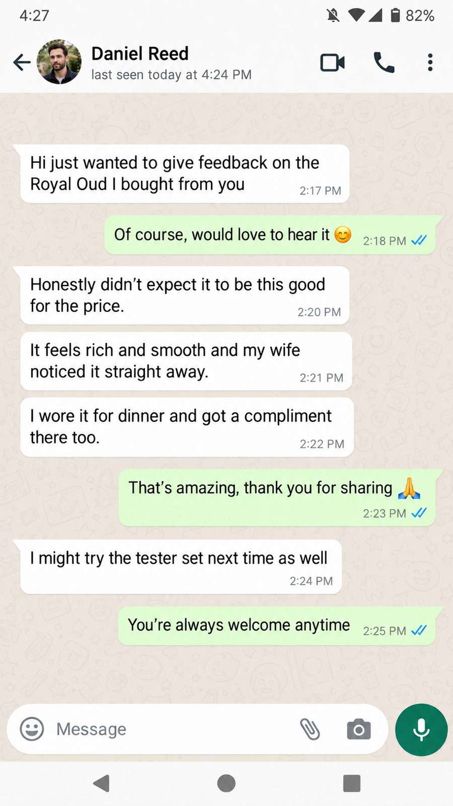 Save On Perfumes WhatsApp customer review from Aaron